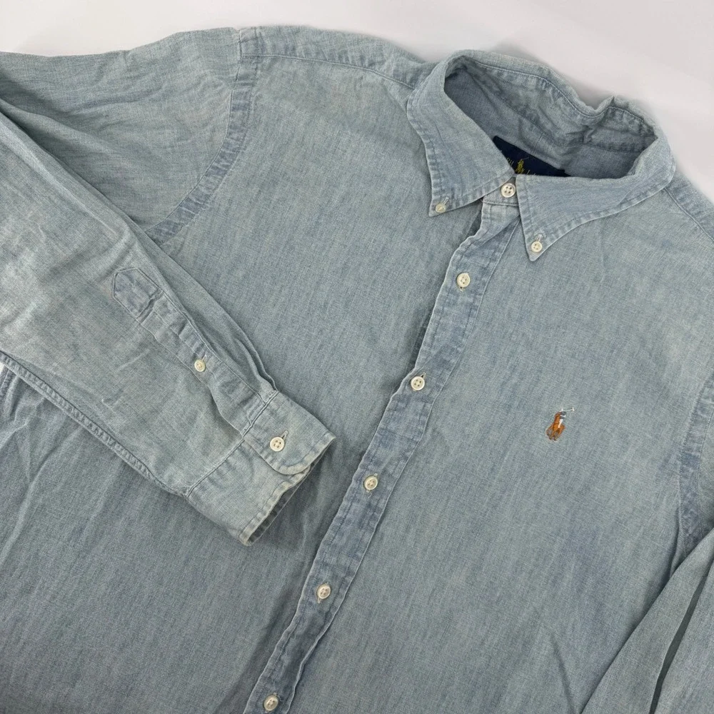 Ralph Lauren Button Down Mens Large Light Blue Chambray Denim Long Sleeve Shirt - Picture 1 of 10